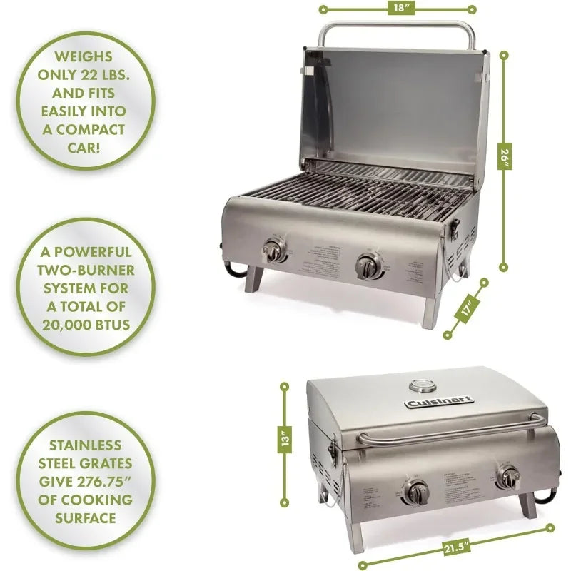 Cuisinart CGG-306 Chef's Style Portable Propane Tabletop 20,000, Professional Gas Grill, Two 10,000 BTU Burners, Stainless Steel